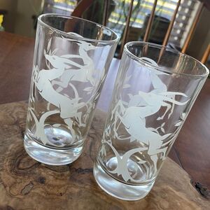 Set of 2 Jeanette Glass Leaping Antelope/Gazelle Hi-Ball Glasses